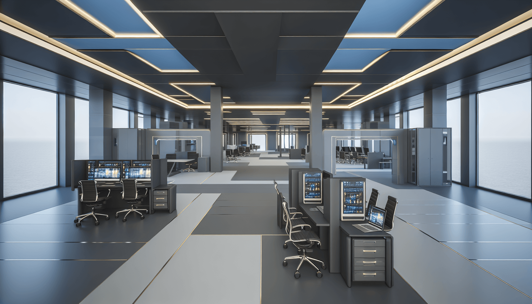 Futuristic tech workspace with advanced equipment and an open design layout.