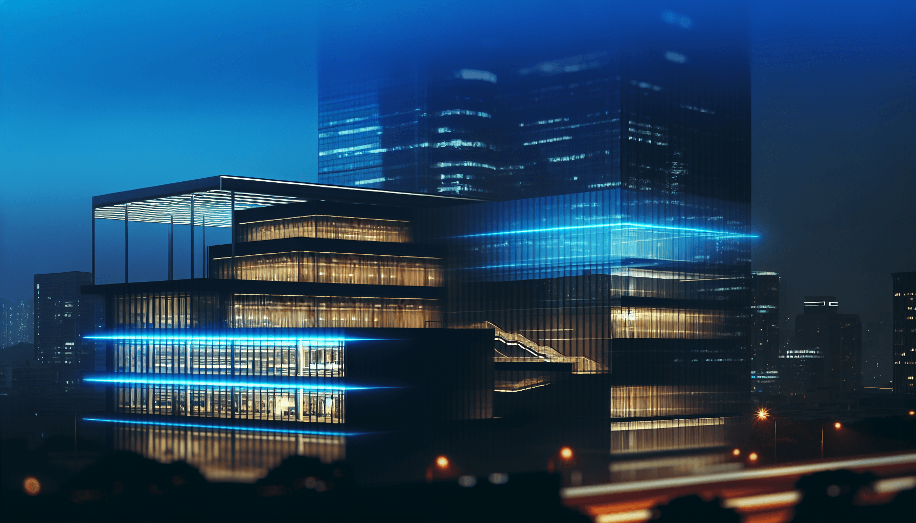 A cityscape at dusk featuring a modern office building illuminated in blue and gold, symbolizing technological advancement.