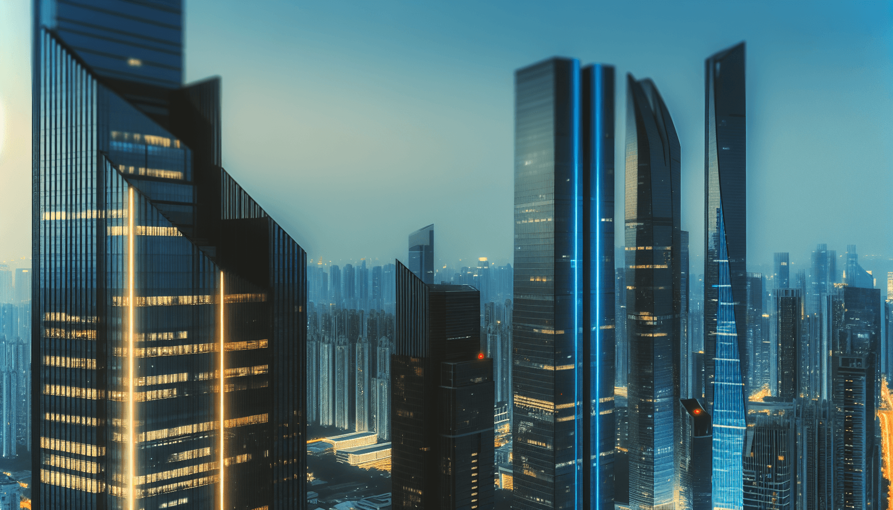 A futuristic cityscape at dusk, showcasing advanced technology and architecture with illuminated skyscrapers.