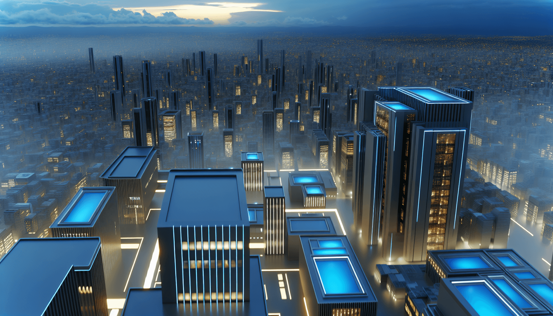 A futuristic cityscape at dusk with modern buildings lit up, representing technological advancement and digital transformation.