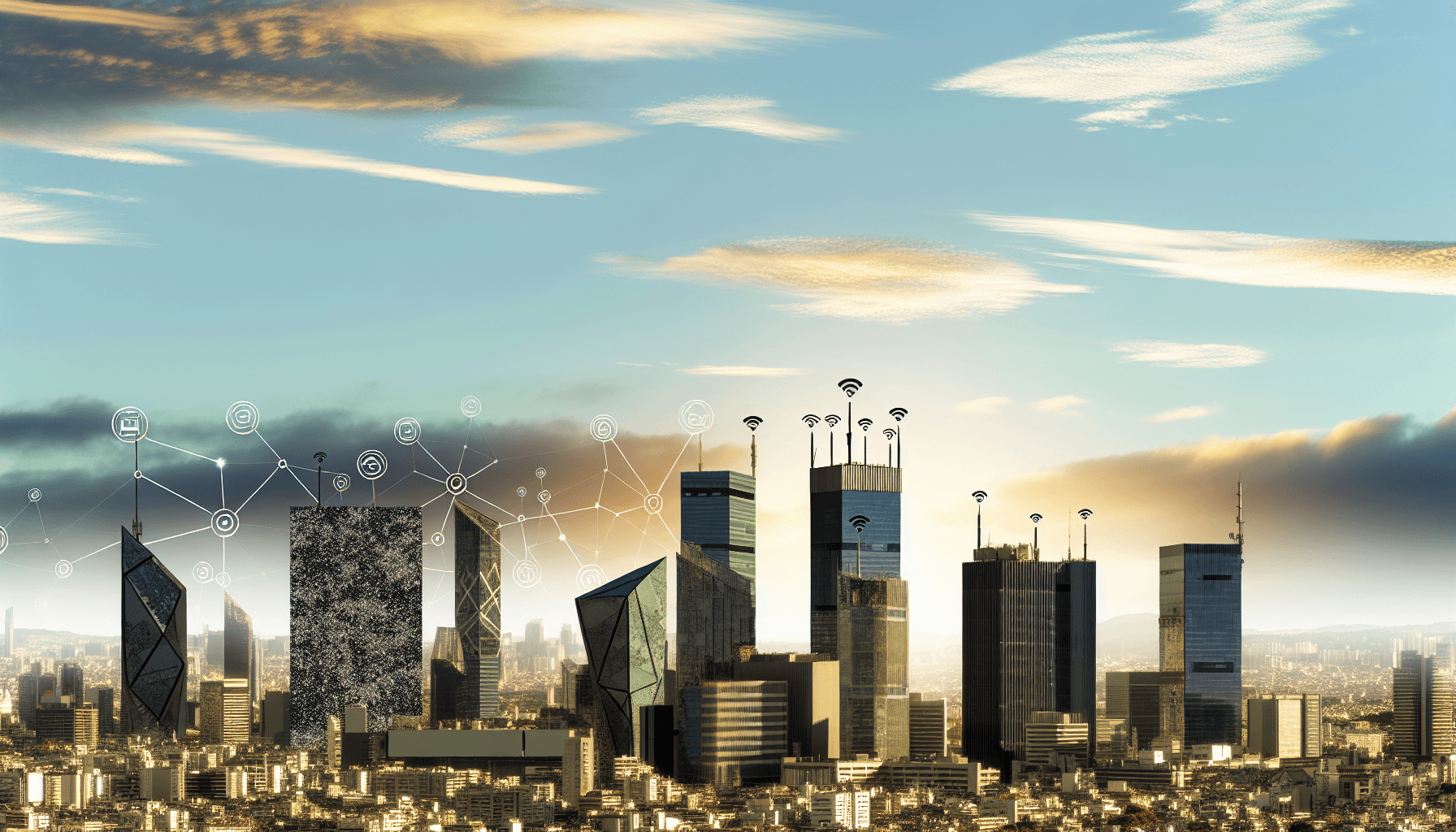 A futuristic cityscape with innovative buildings showcasing the integration of IoT and edge computing technology.