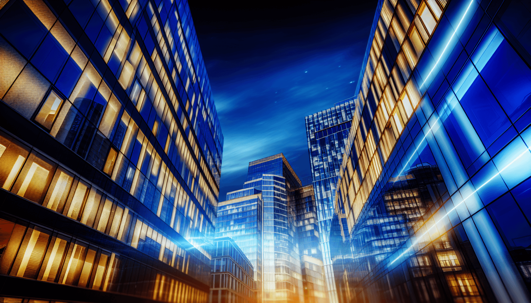 A high-tech European cityscape at dusk with illuminated skyscrapers, representing digital infrastructure transformation.