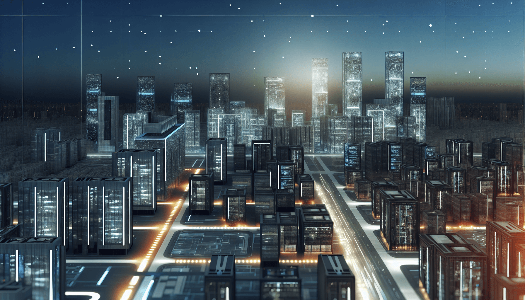 A high-tech cityscape at dusk with illuminated skyscrapers and digital billboards.