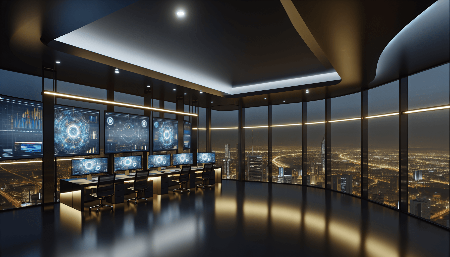 A high-tech office space at dusk with large monitors displaying data visualizations, overlooking a cityscape.