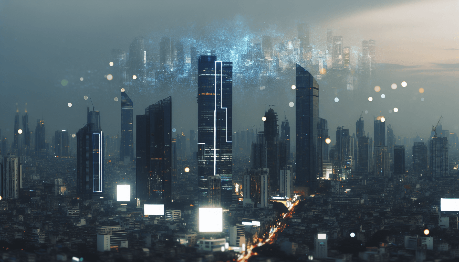 A modern cityscape at dusk with illuminated skyscrapers and digital billboards, symbolizing technological advancement.