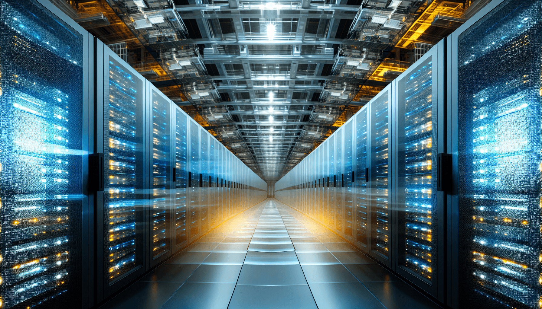 A modern data processing center with rows of advanced servers and networking equipment under blue and grey lighting.