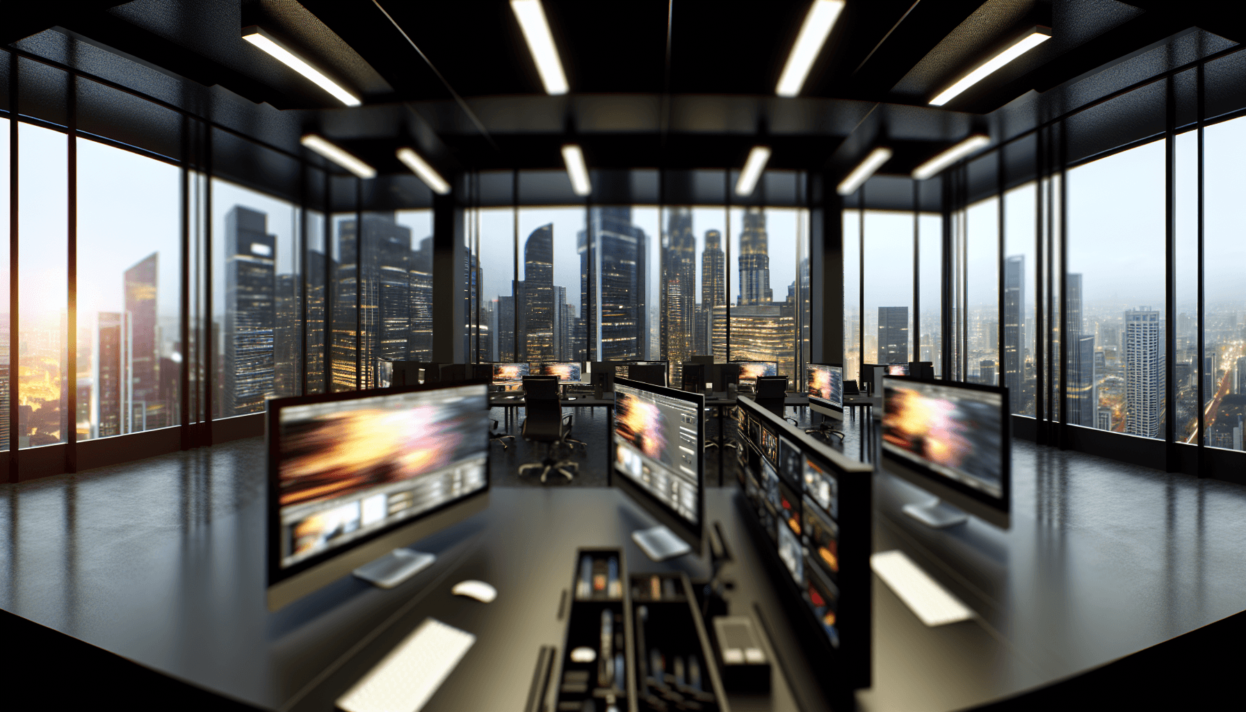 A modern tech workspace with high-tech devices and a cityscape view.