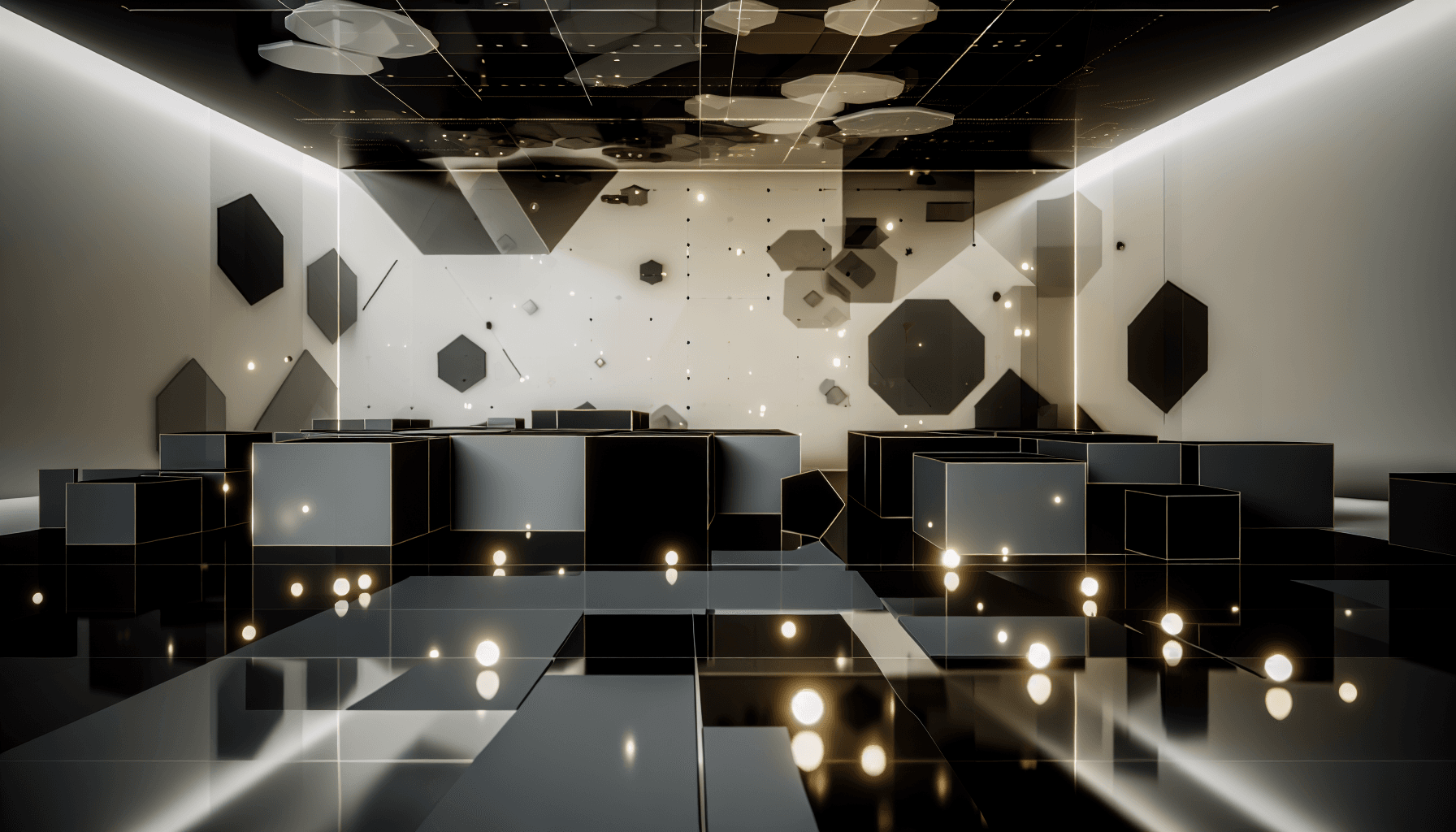 A modern workspace with abstract geometric shapes and light patterns, symbolizing CI/CD and Kubernetes orchestration.