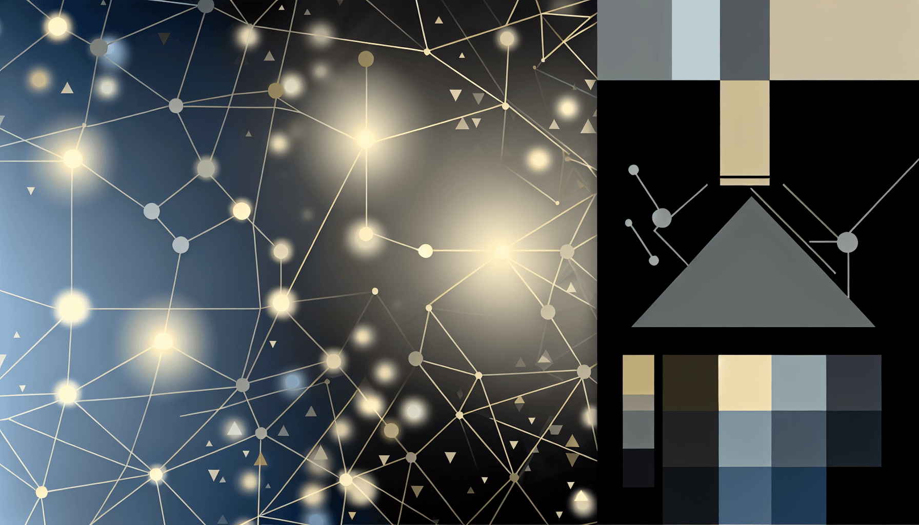 Abstract geometric shapes and light patterns symbolizing connected networks.