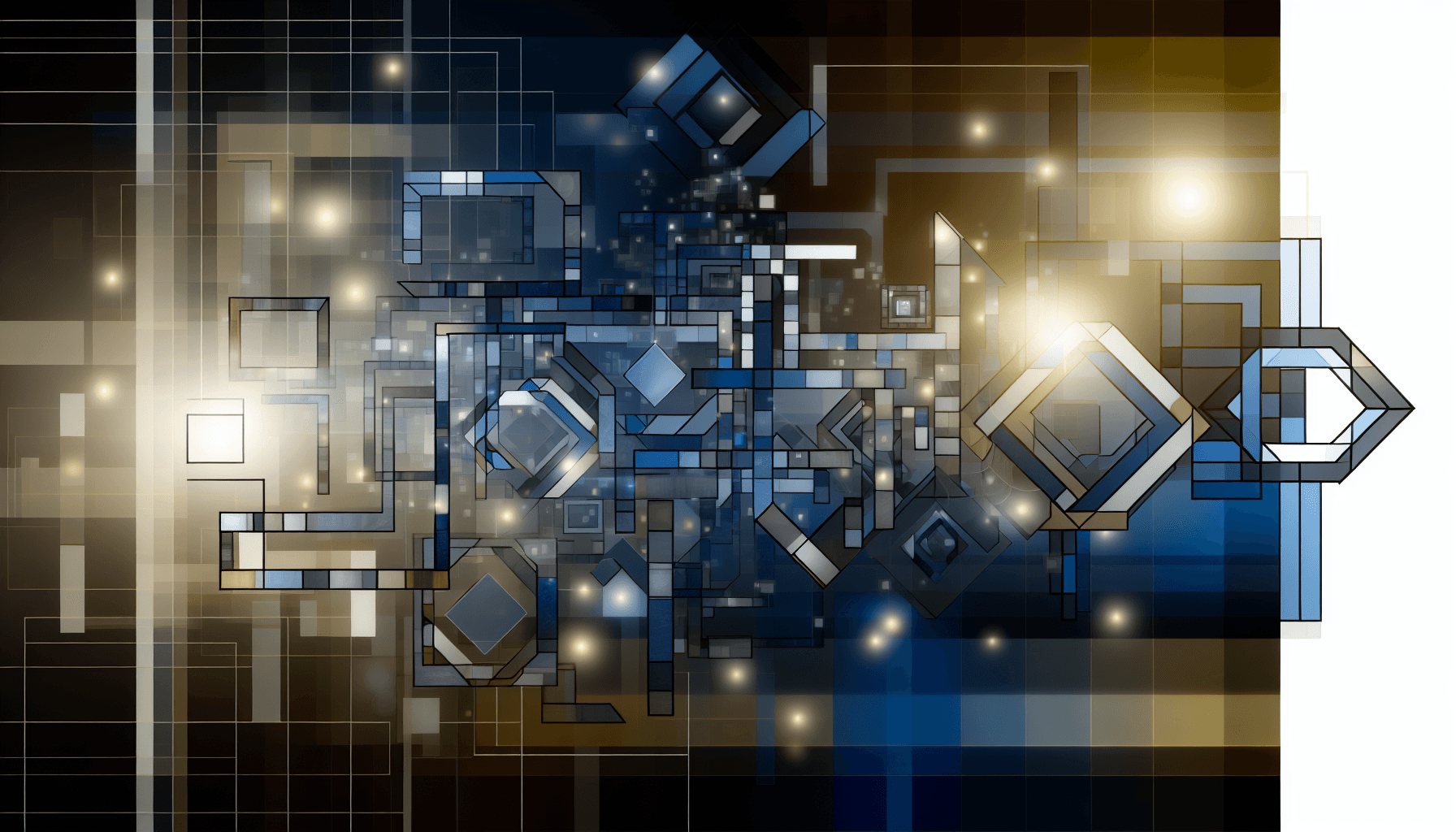 Abstract geometric shapes and light patterns symbolizing web development resilience and architectural patterns.