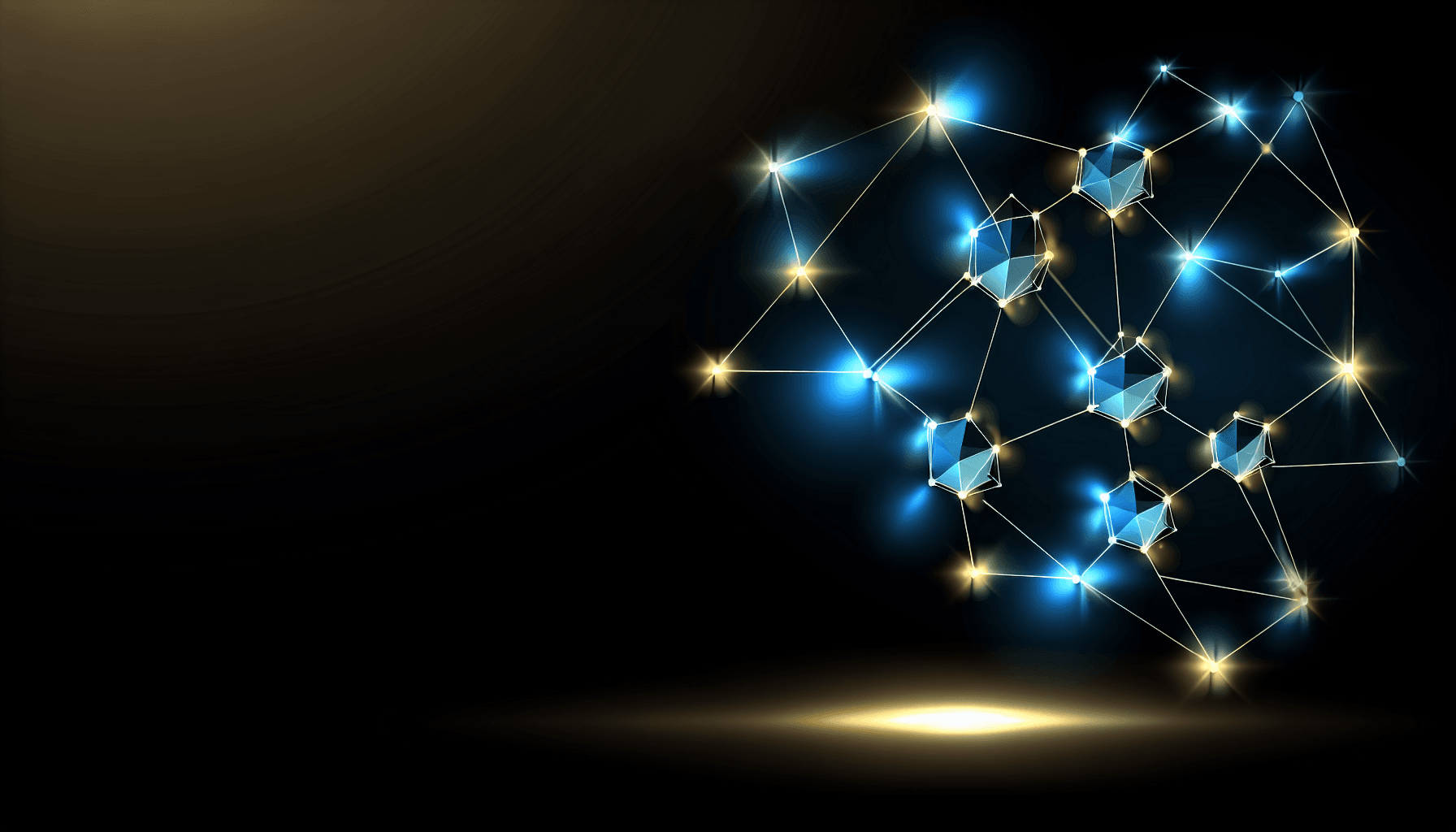 Conceptual illustration of a blockchain network with illuminated geometric nodes connected by fine lines.
