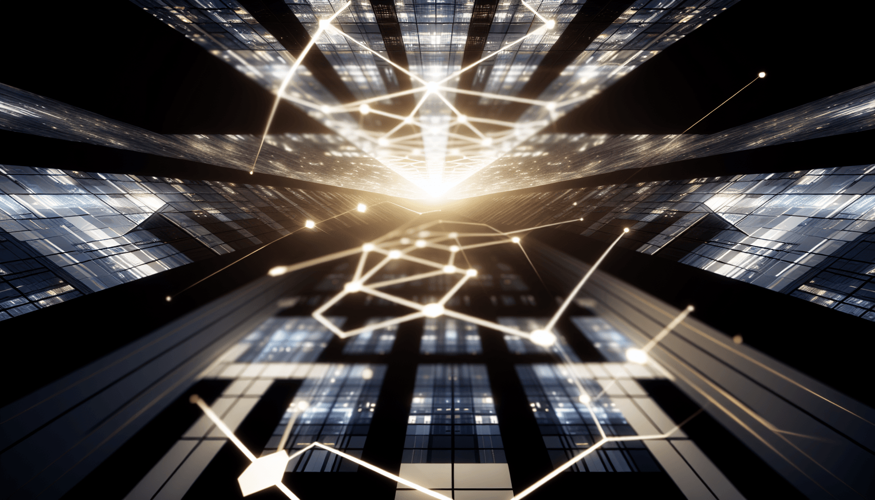 Futuristic architectural concept with geometric shapes symbolizing distributed systems and connectivity.