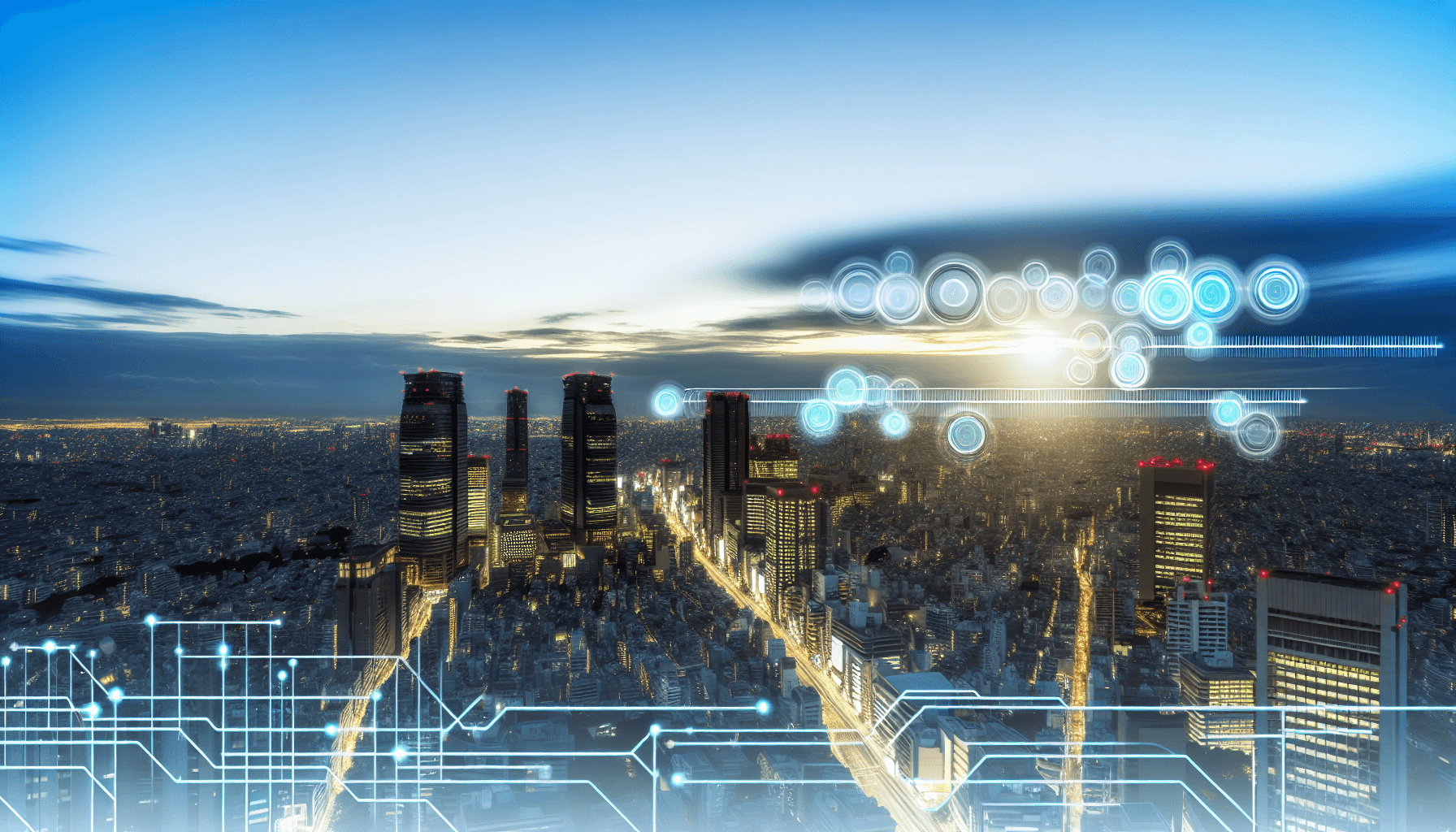 Futuristic cityscape at dusk with glowing lights and modern architecture.