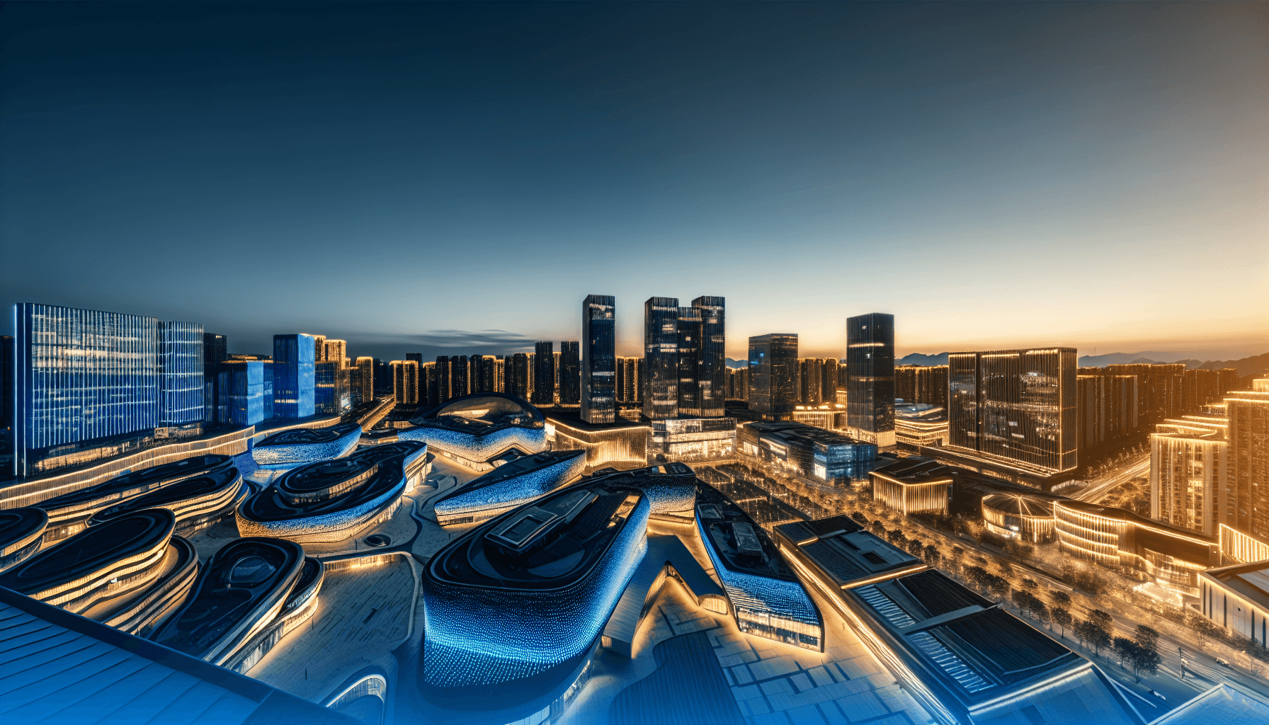 Futuristic cityscape with modern architecture and illuminated buildings, representing a high-tech environment at dusk.