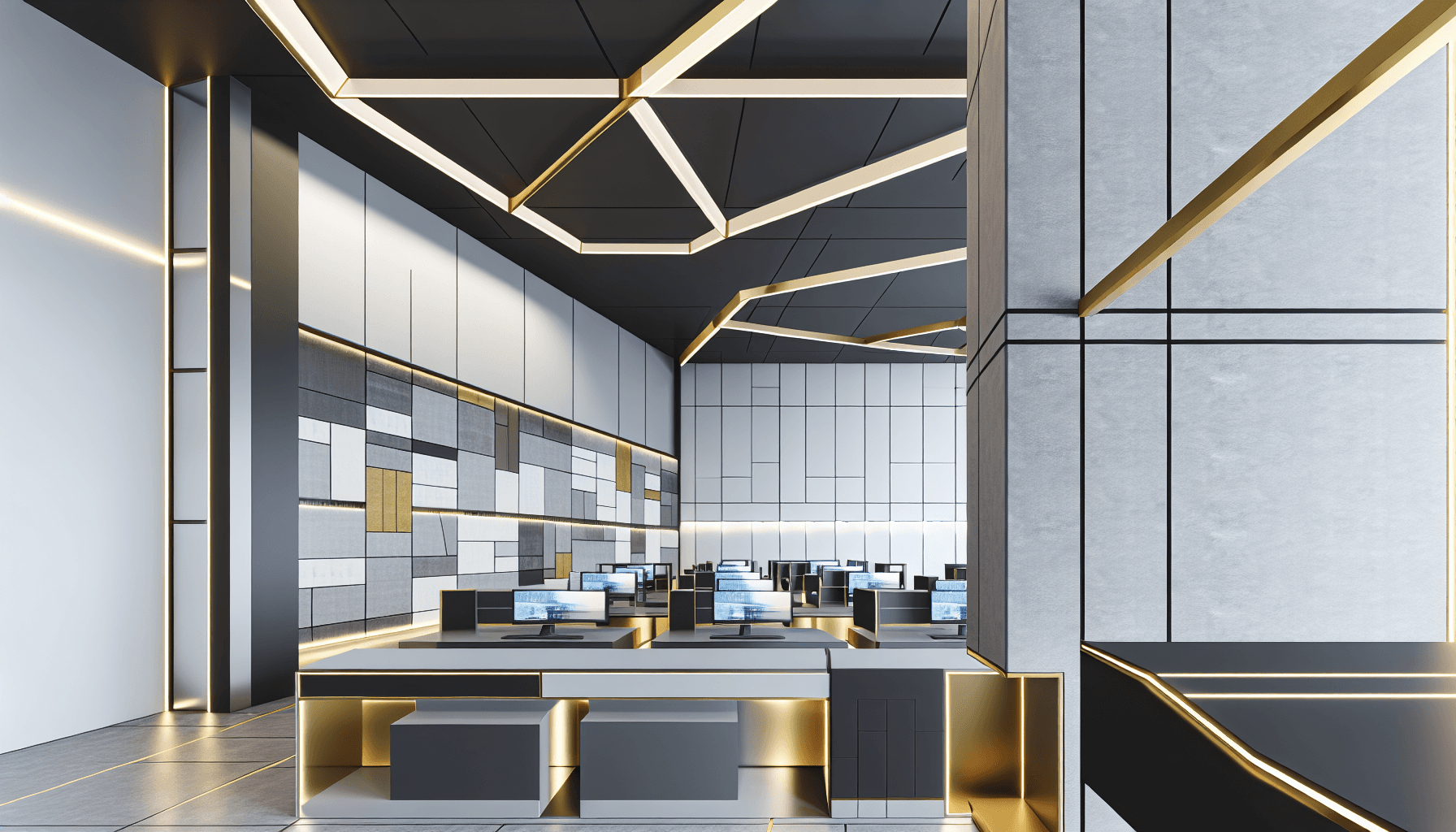 Interior of a high-tech workspace with geometric design and advanced technology, embodying innovation.