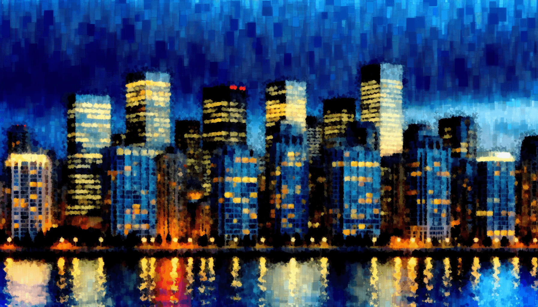 A cityscape at dusk with modern skyscrapers and reflections of city lights on water, conveying innovation and continuous activity.