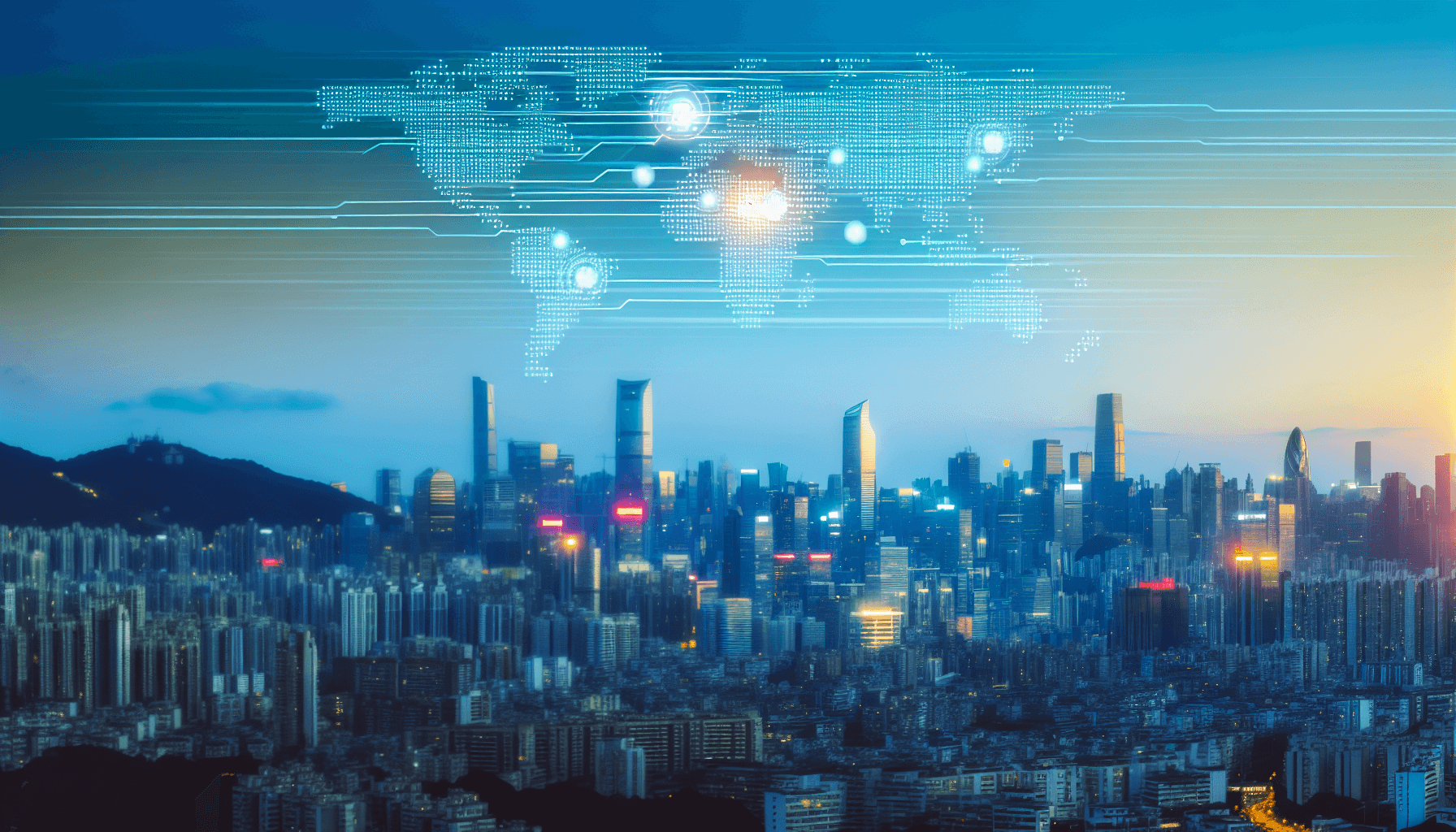 A cityscape at dusk with modern skyscrapers, representing the global IT industry and infrastructure optimization.