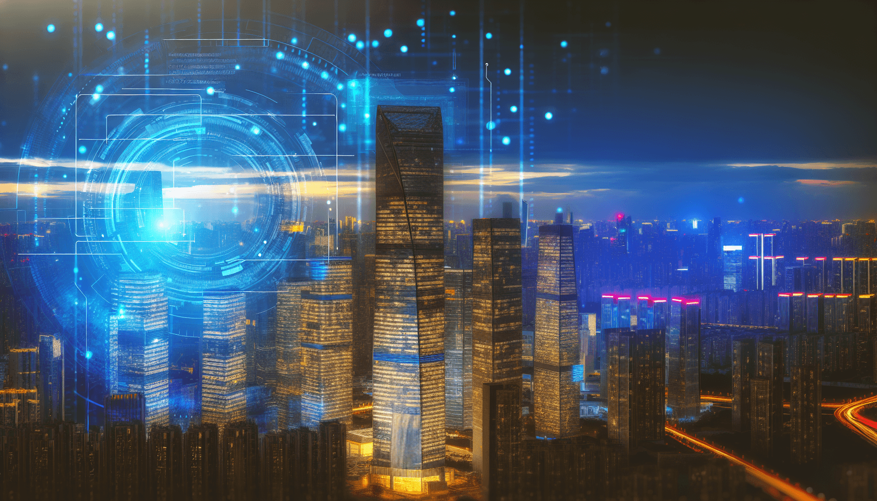 A futuristic cityscape at dusk with a modern skyscraper illuminated in blue and gold, representing technological growth.