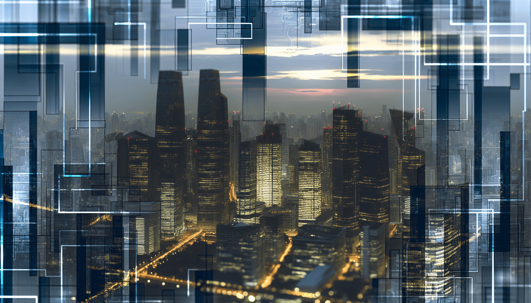 A futuristic cityscape at dusk with modern buildings and subtle tech elements.