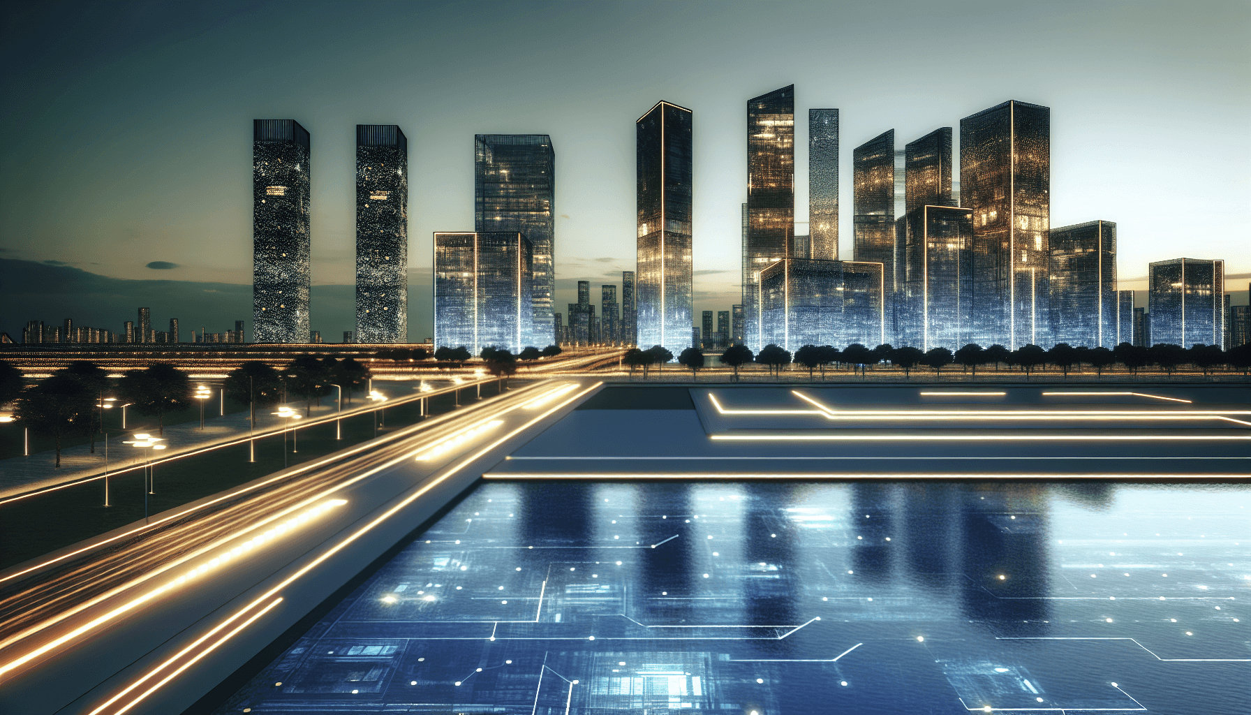 A futuristic cityscape at dusk with sleek skyscrapers and glowing digital screens reflecting in water.