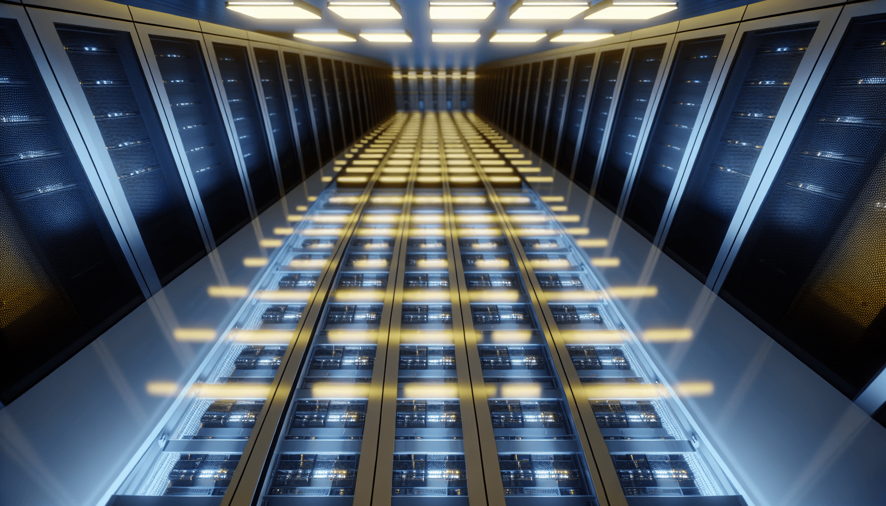 A futuristic data center with rows of servers, illuminated by blue and gold lighting, showcasing advanced technology.