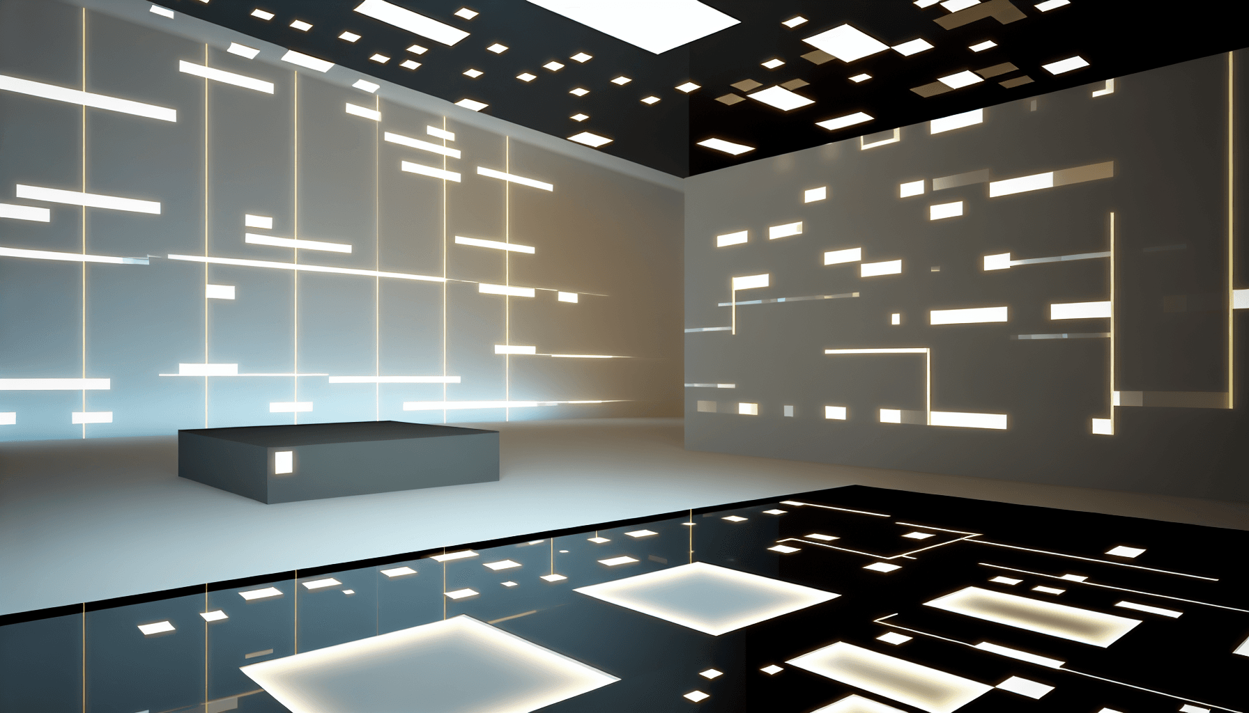 A futuristic workspace with geometric shapes and light patterns, symbolizing data flow and connectivity.