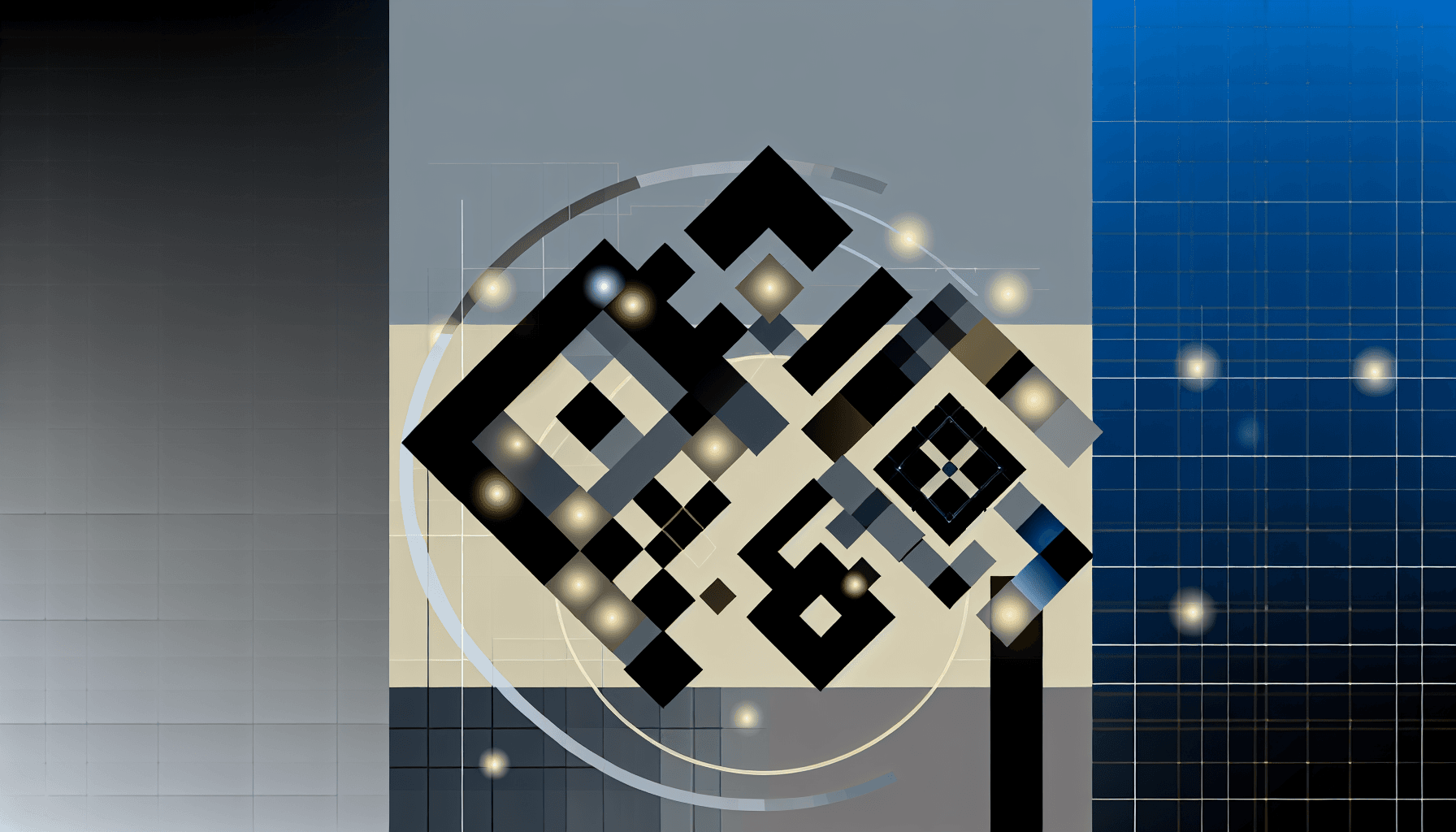 Abstract geometric shapes and light patterns in a minimalist vector art style, symbolizing cybersecurity complexity.