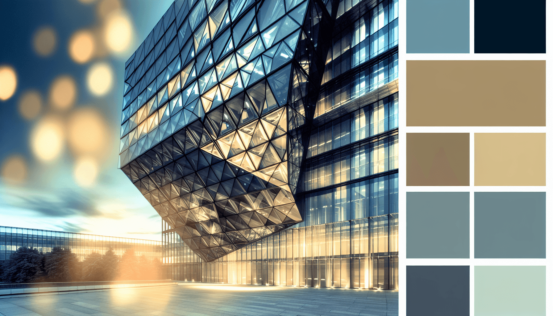 Exterior of a high-tech building with geometric shapes and glass facade during golden hour.
