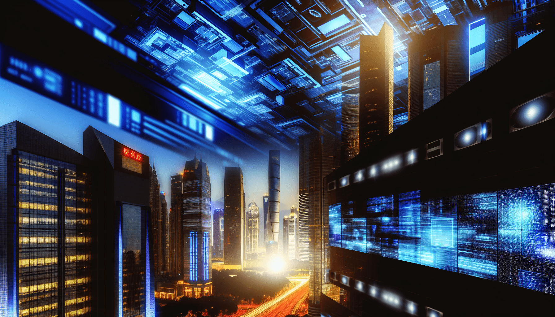 Futuristic cityscape at dusk with skyscrapers and digital displays, symbolizing advanced technology environments.