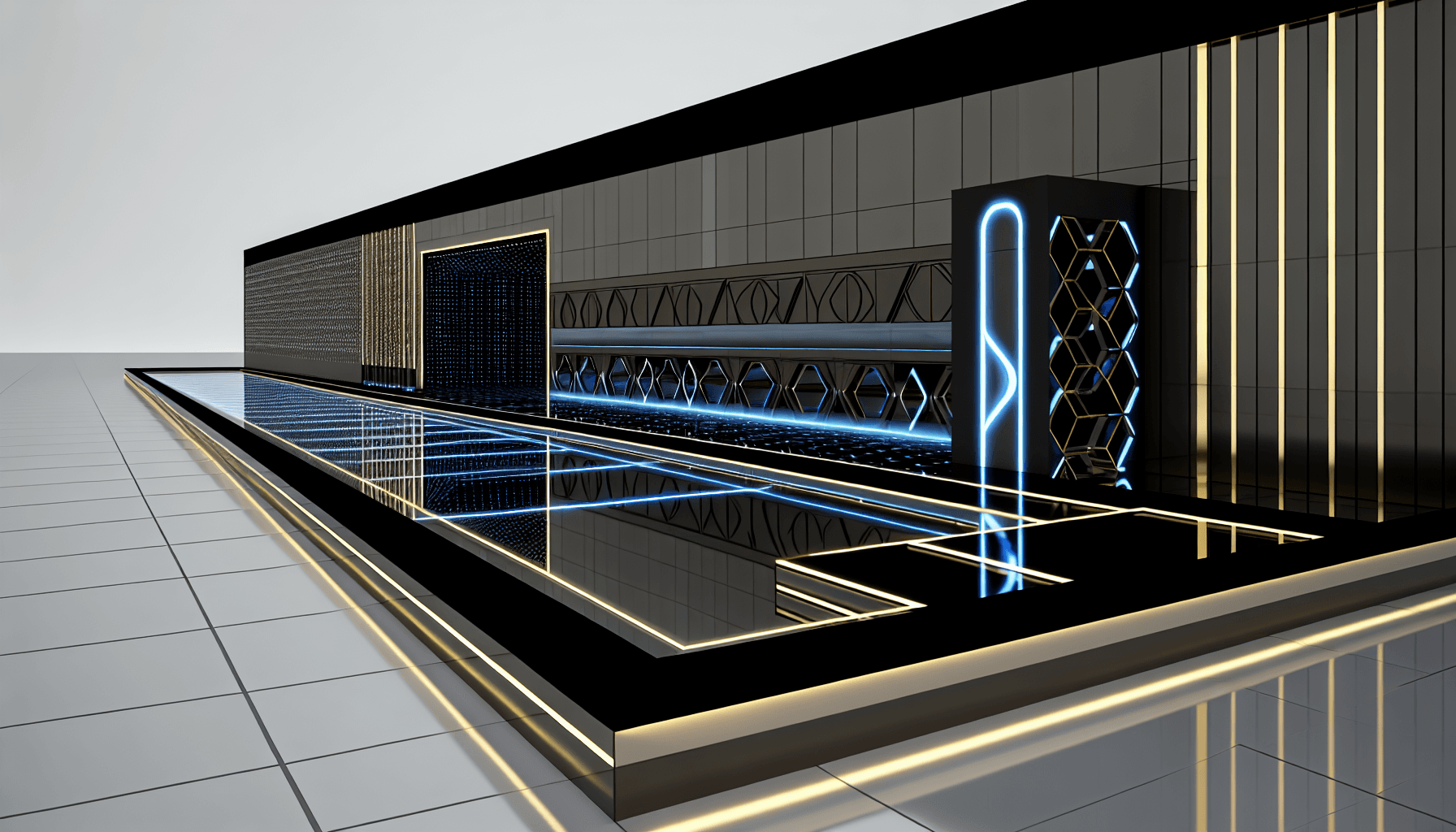 Futuristic data center designed for quantum computing with geometric architecture.