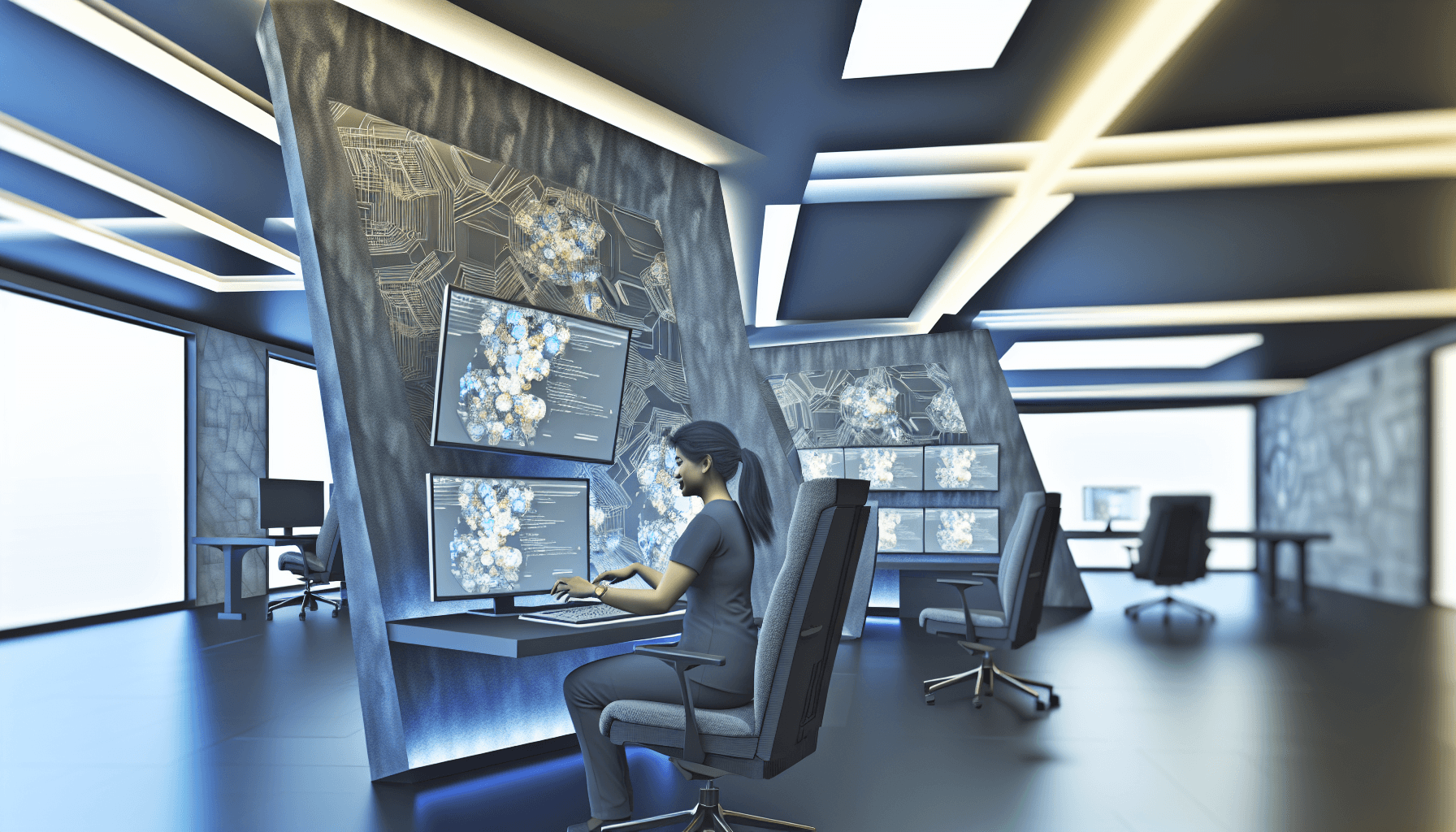 Single developer working in a futuristic office, focusing on REST API frameworks on the screen.