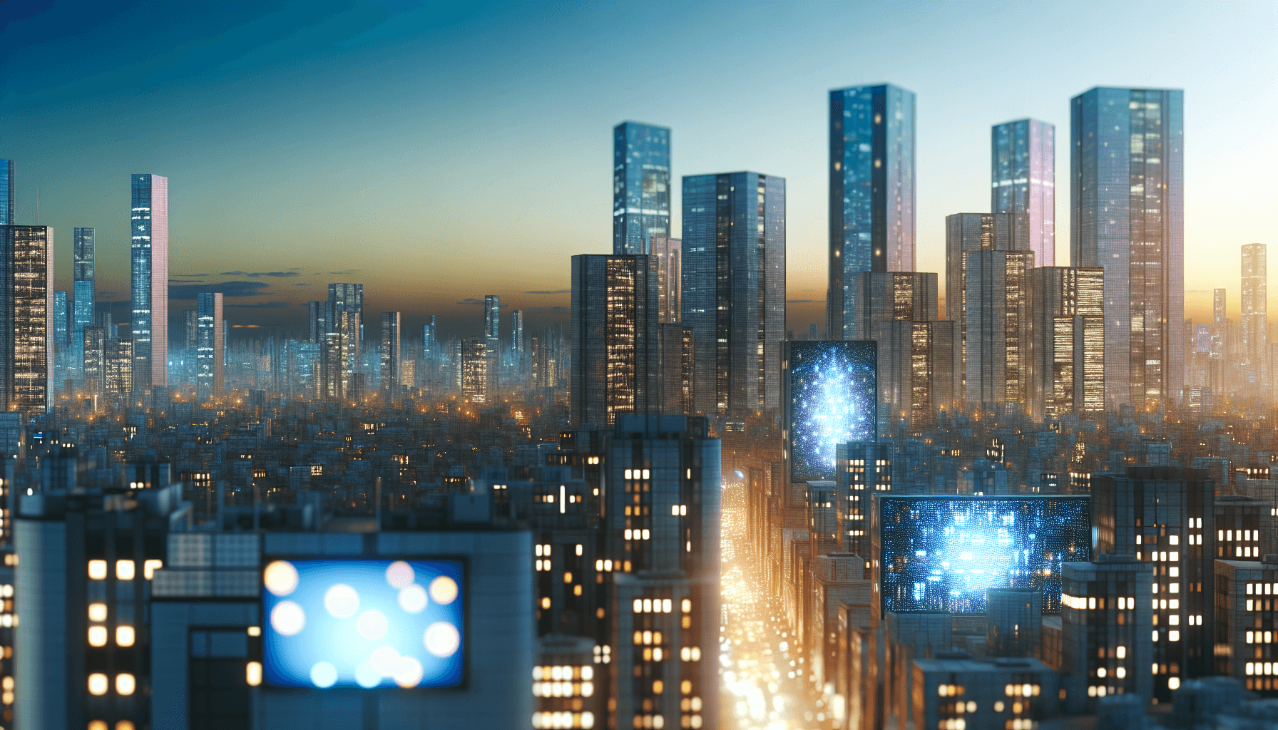 A futuristic cityscape at dusk with modern skyscrapers and digital billboards, representing technological innovation in AI/ML.
