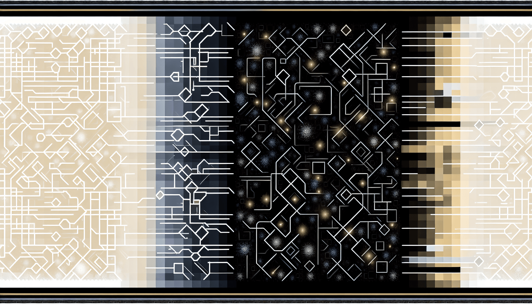 Abstract geometric shapes and light patterns symbolizing the complexity of CI/CD pipelines in AI/ML systems.