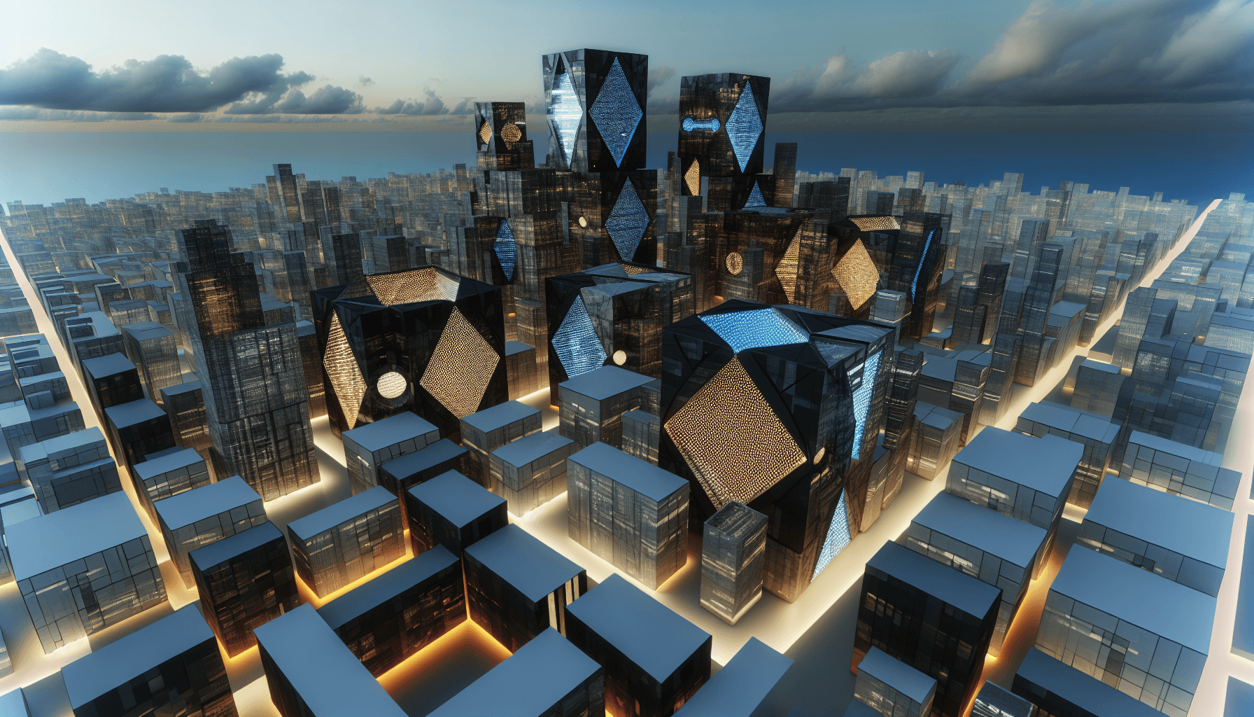 Futuristic cityscape at dusk with modern skyscrapers and geometric patterns.