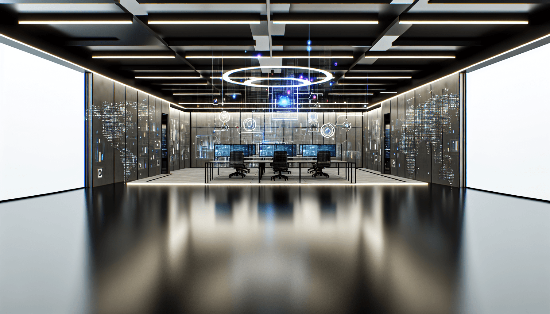 High-tech workspace with digital screens displaying AI analytics.