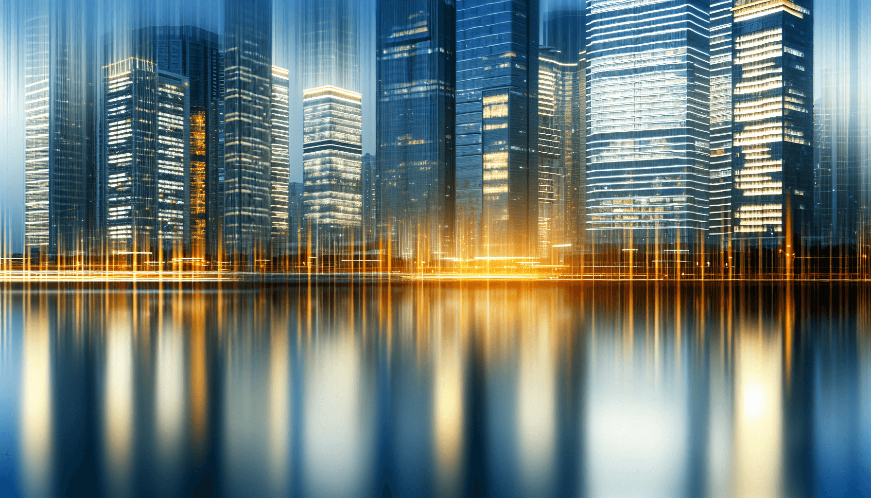 A modern cityscape at dusk with illuminated skyscrapers, symbolizing progress in technology.