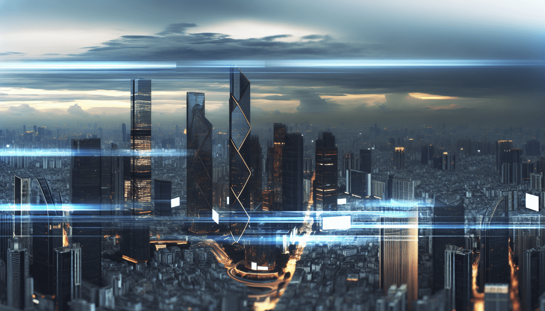 A futuristic cityscape at dusk, highlighting technological advancement and a digital age.