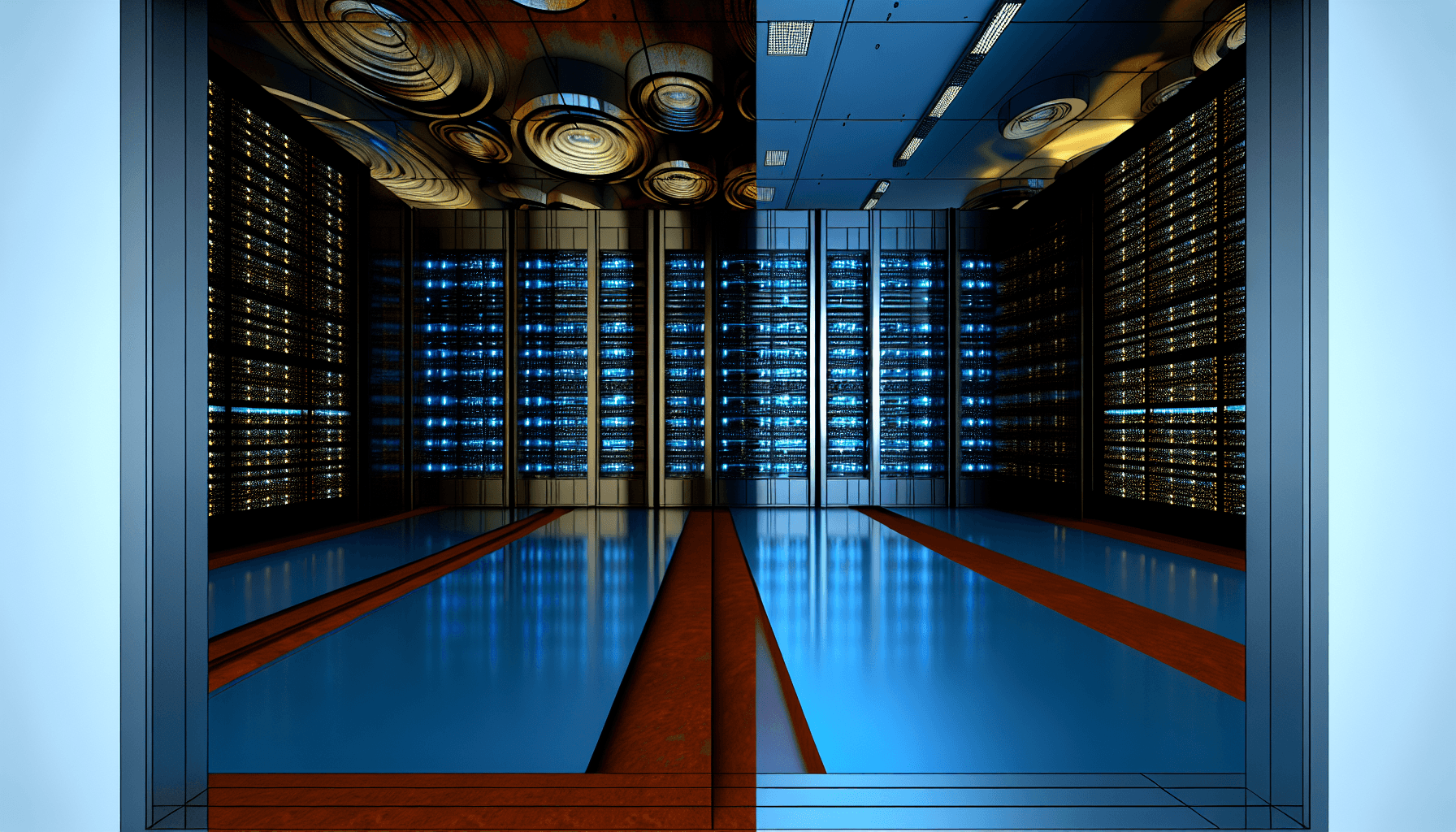 A sleek server room with ambient blue lighting, showcasing the infrastructure automation aspect of Rust in a modern tech environment.