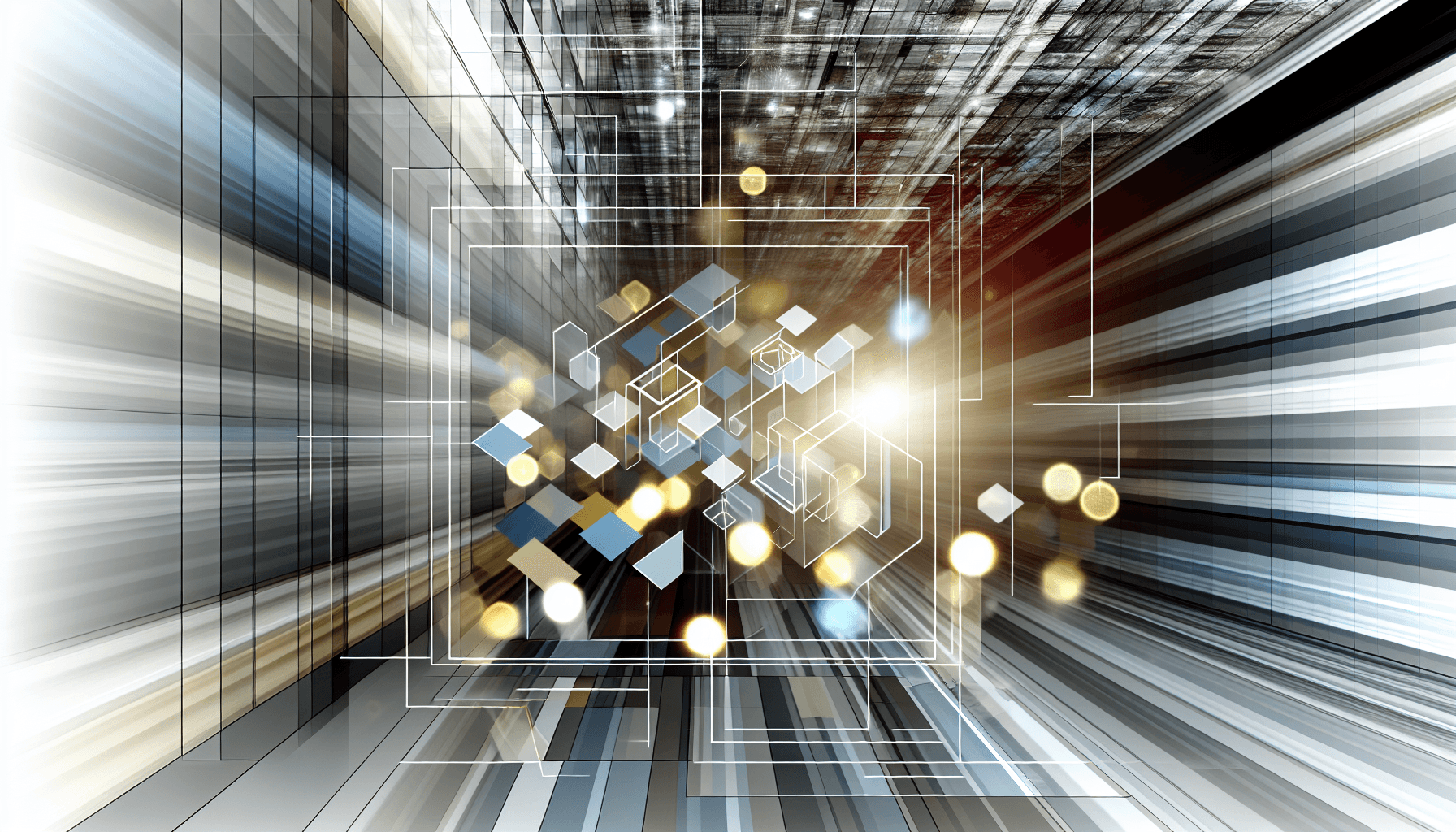 Abstract geometric shapes and light patterns set against a modern architectural backdrop, symbolizing advanced systems programming.