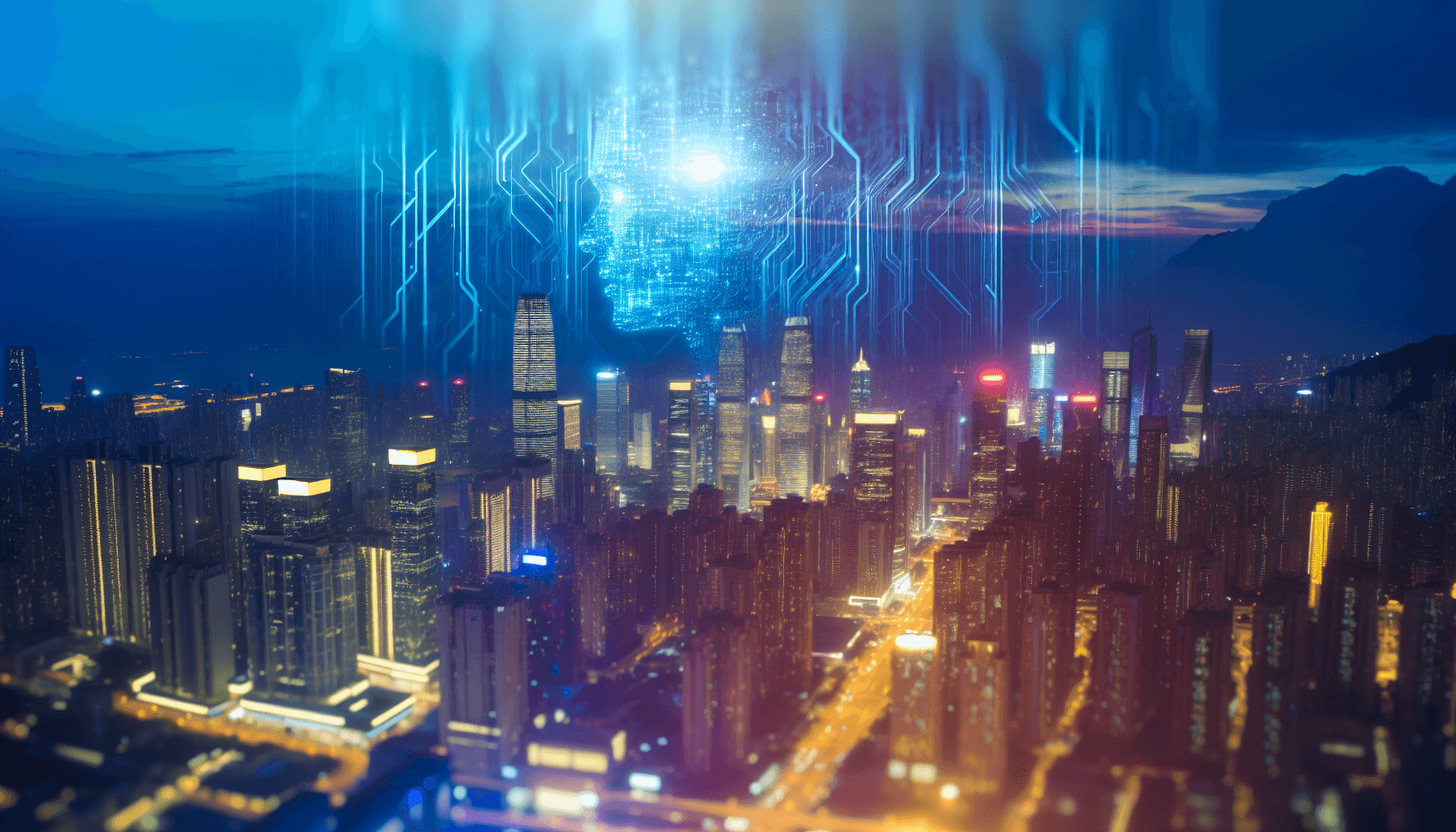 Futuristic cityscape at dusk with skyscrapers lit in blue and gold, symbolizing AI's impact on urban environments.