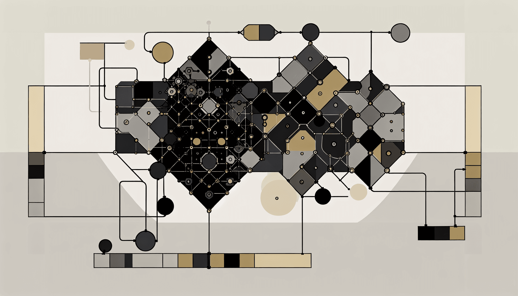 Minimalist vector art depicting MLOps workflows with interconnected geometric shapes.