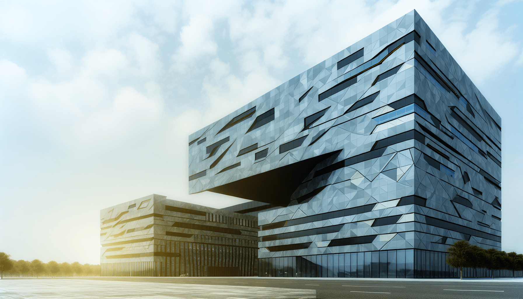 Futuristic building with geometric patterns and sleek glass surfaces.