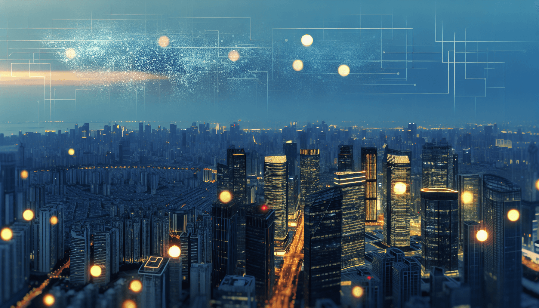 A futuristic cityscape at dusk with modern skyscrapers and illuminated office windows, symbolizing global connectivity.