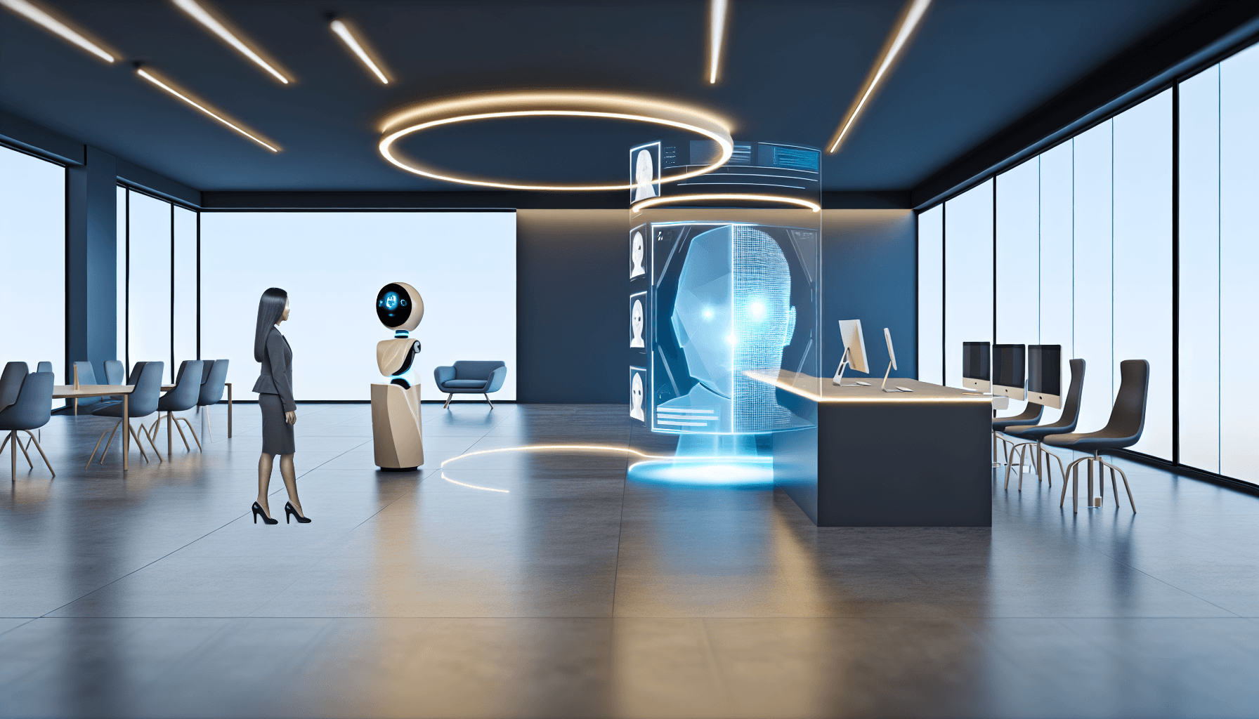 A futuristic recruitment process with a human recruiter interacting with an AI interface in a modern workspace.