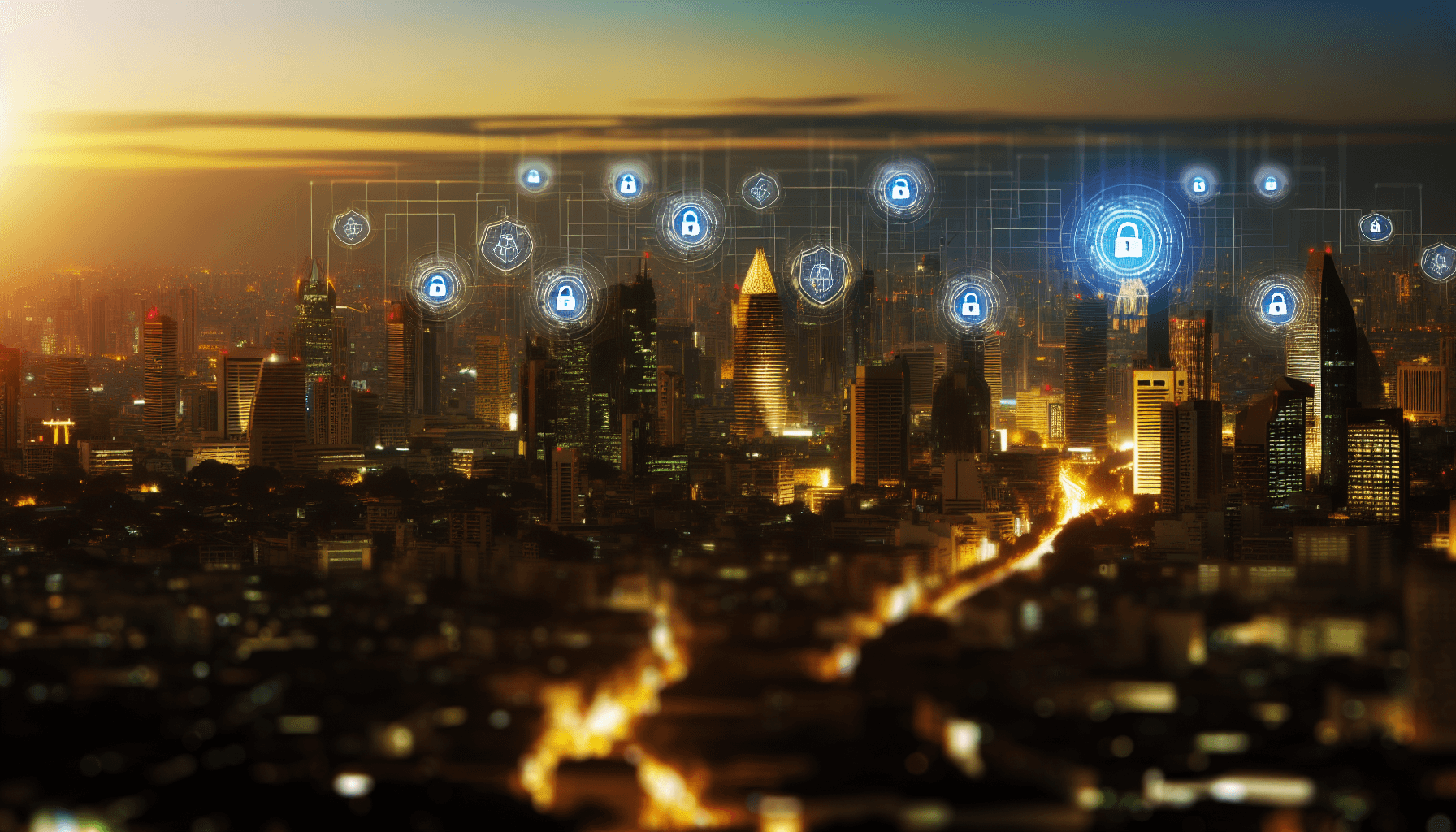 A modern cityscape at dusk with buildings illuminated in blues and golds, symbolizing the global reach of cybersecurity systems.