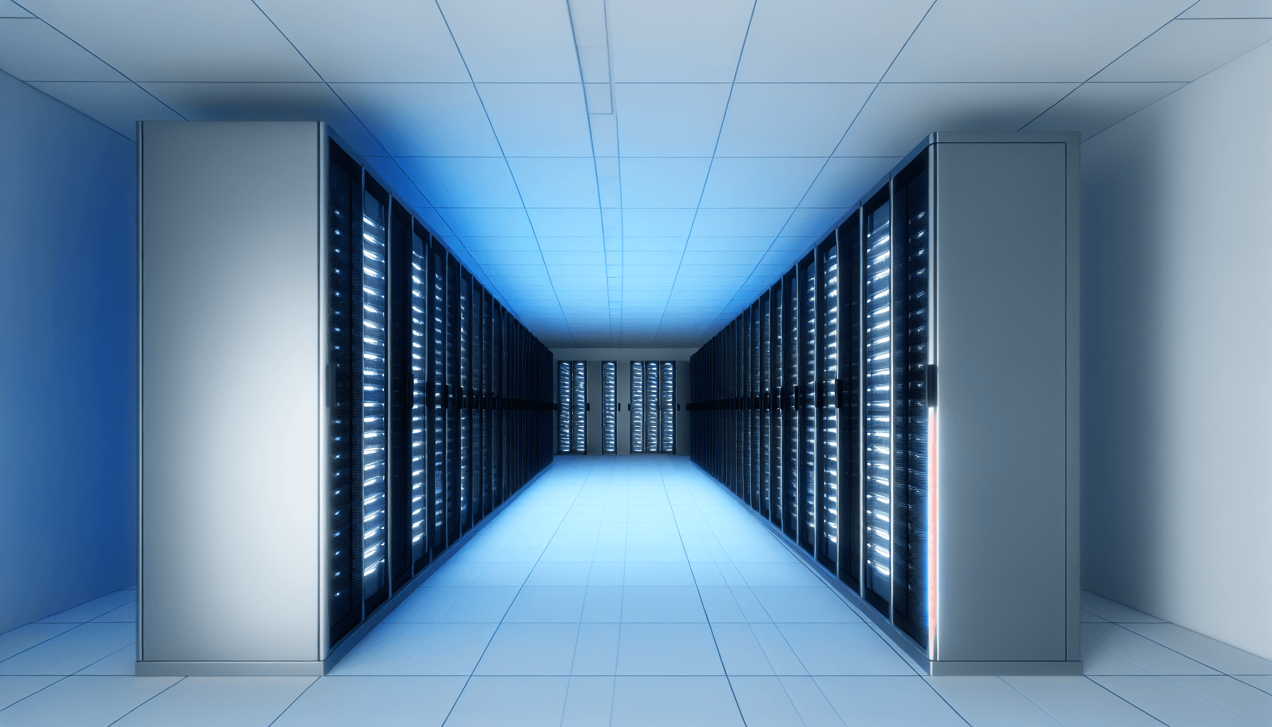 A modern data center interior with rows of illuminated server racks, showcasing the minimalistic design and advanced infrastructure.