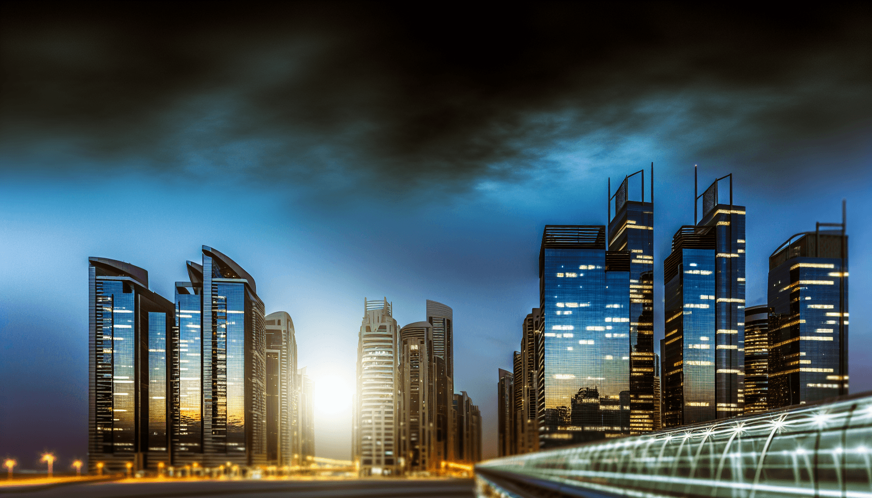 Futuristic cityscape at dusk with modern skyscrapers, symbolizing technological advancement.