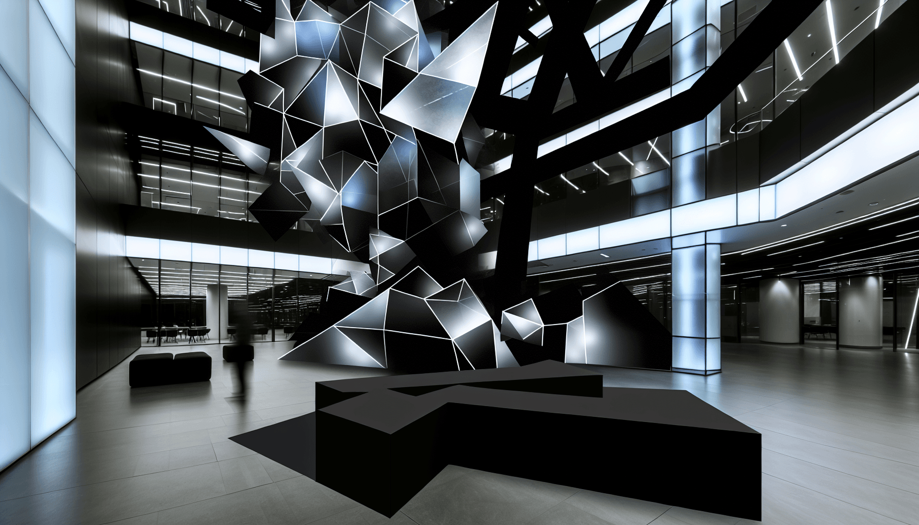 Abstract geometric installation in a corporate lobby, symbolizing cybersecurity and AI integration.