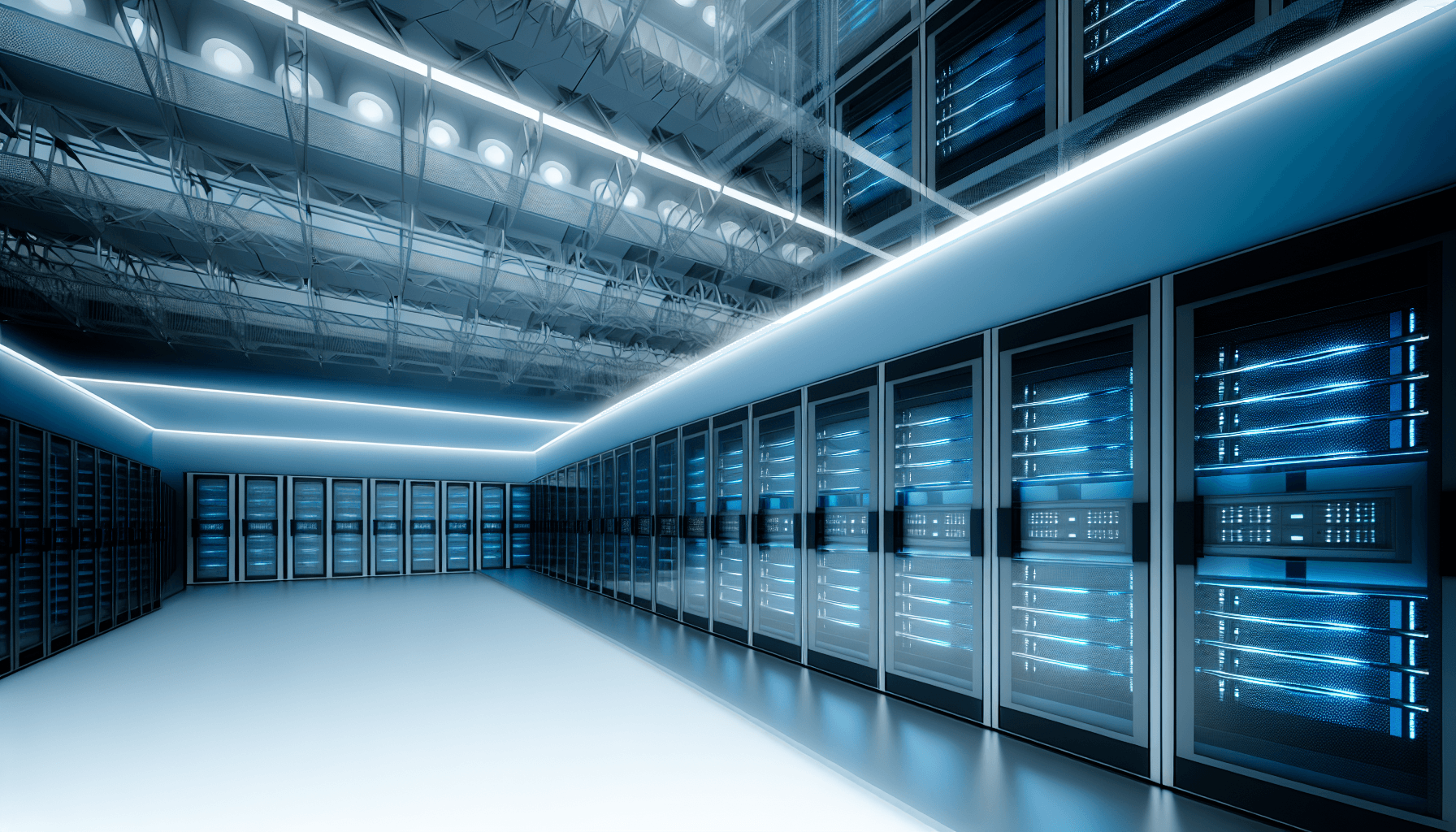 Futuristic data center with geometric design elements and ambient lighting.