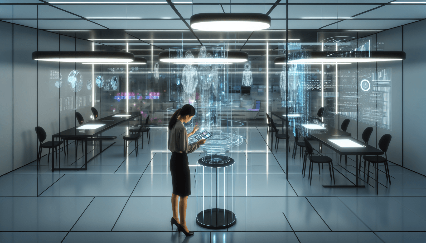 Futuristic workspace with digital displays and a professional analyzing data, emphasizing data analysis and AI skills.